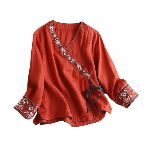 Damen Blumen bestickt Top Ethno Retro Shirt V-Ausschnitt Hanfu Cardigan Shirt Gr. - Bild 2 von 11