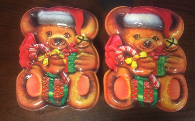 Two 10''x7'' Christmas Bear Plastic Tins Preowned