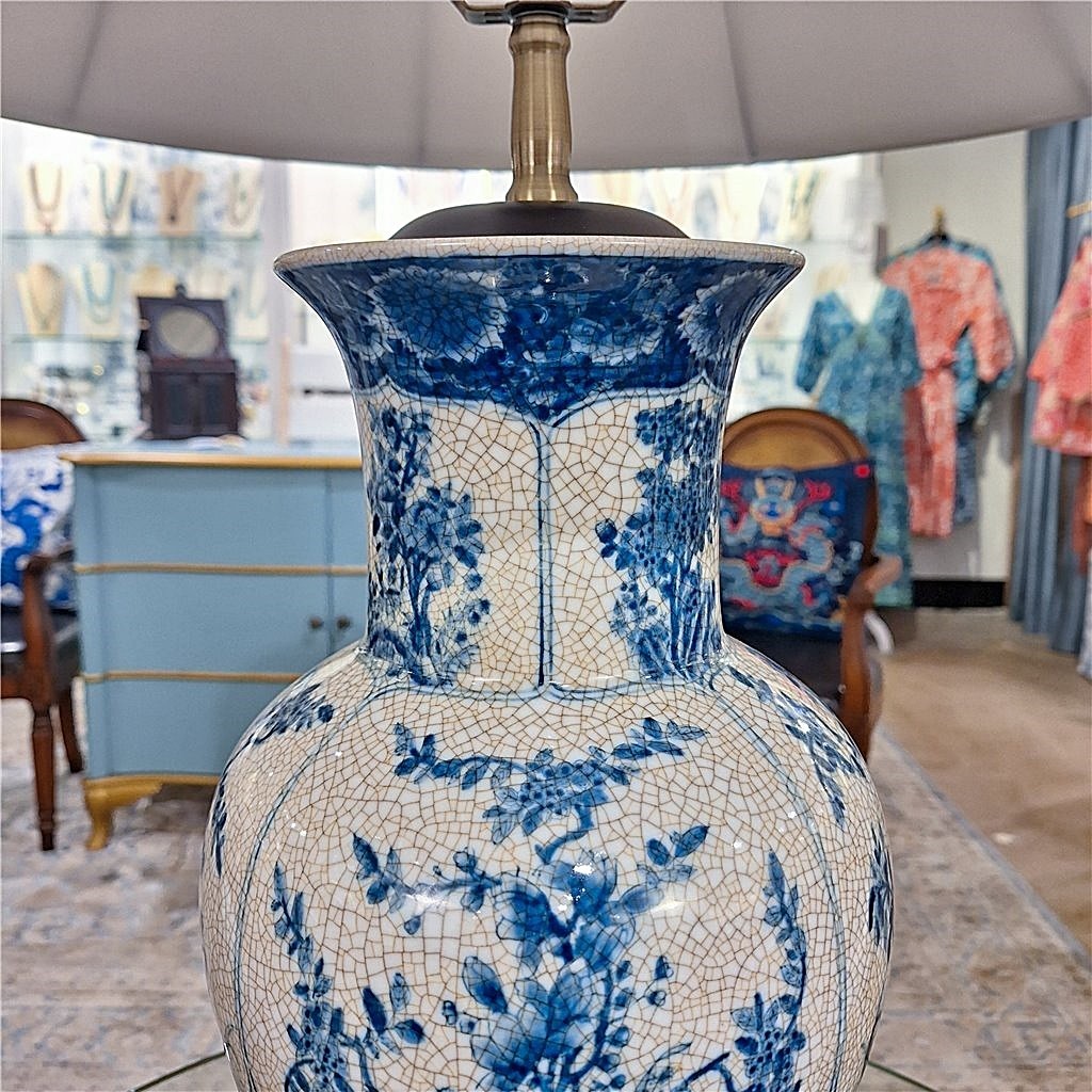 Blue, White Porcelain Baluster Chinoiserie Lamp. Hand Painted. With Lampshade
