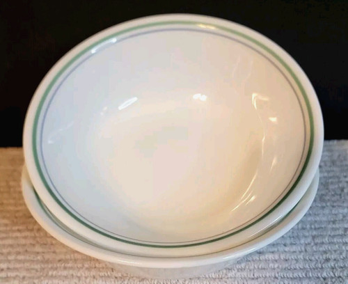 Corelle Soup Bowls Set of 2, White Green Blue Trim Rim USA