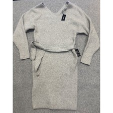 Express Womens V-Neck Ribbed Knit Belted Sweater Dress Light Gray Small NEW