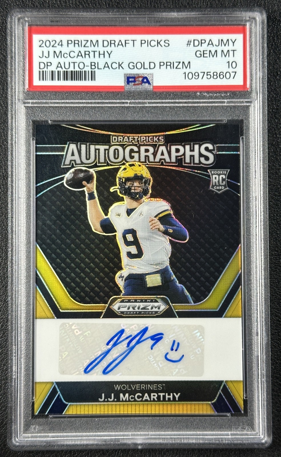 JJ McCarthy Panini Prizm Draft Picks Draft Picks Autographs #DPAJMY Black Gold Prizm