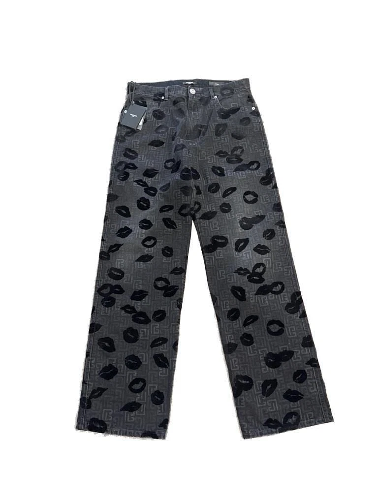 Balmain — Balmain Monogram & Flock Kiss Loose Denim Pants Size 32