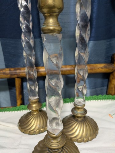 Lot 3 Hollywood Regency Candle Holders-Lucite and Scalloped Brass Barley Twist - Picture 2 of 5