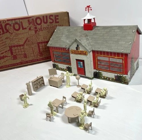 Rare Vintage 1950s Marx Tin Litho Little Red School House Complete Set Excellent