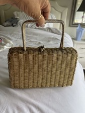     1960  s Vintage Gold Wire Weave Footed Handbag woven metal basket box purse