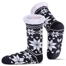 Slipper Socks for Women Fuzzy Non Slip Winter Thick Warm Soft Snowflake Black
