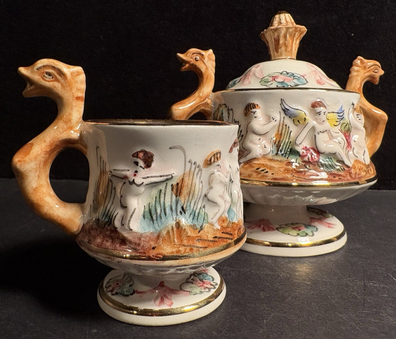 Vintage Pair 2 Capodimonte Sugar Bowl Lidded Demitasse Cup Cherubs