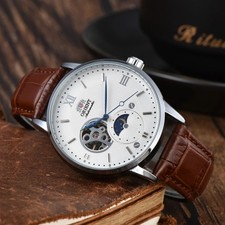 Orient Sun  Moon Semi Skeleton Automatic Watch Men's Leather Strap Luxury Gift