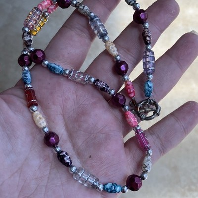 Handcrafted Multicolor plastic Beaded Necklace Toggle Closure Artisan Jewelry