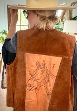 Vintage 1970s Handcrafted Western Suede Leather Horse Vest Brown Cowboy LARGE