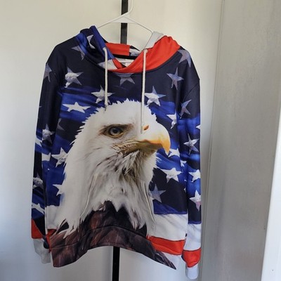 American Eagle Hooded Shirt Large Patriotic Bald Eagle USA Flag Print Pullover