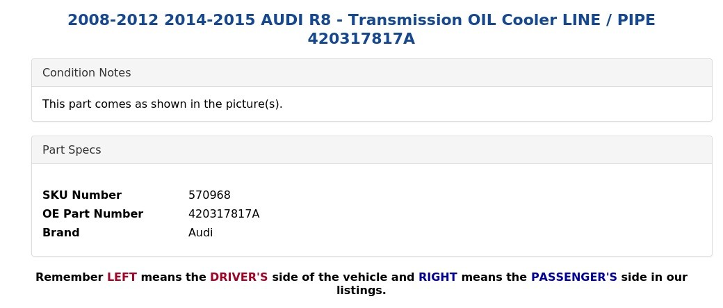 Audi R8 2008-2012 Transmission oil cooler P/N 420317817A