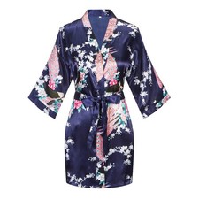 Womens Short Kimono Robes Bride and Bridesmaid Satin Floral Bathrobe Peacock ...