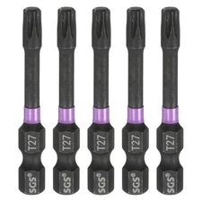 5pcs T27 Torx Impact Screwdriver Bit 1/4" Hex Shank 2" Long Magnetic No Hole