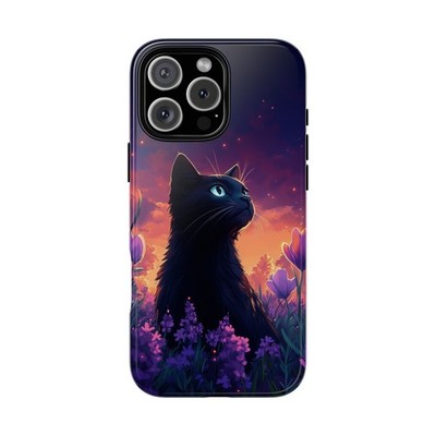 Black Cat Lavender Tulips Phone Cover Tough Case | Lifetime Warranty