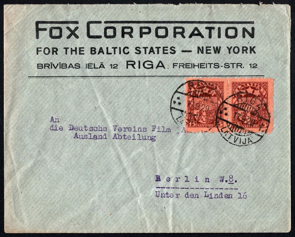 Letonia 1929 Business Cover, Riga to Berlin, FOX Corp, Film Industry, 2x15s Foto 2 de 3