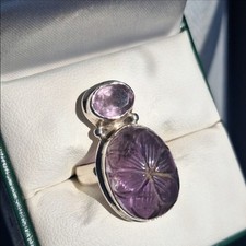 Sterling Silver Floral Carved Double Amethyst Gemstone Ring