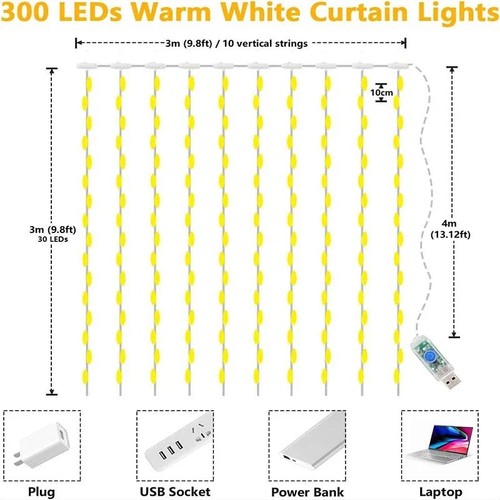 3m LED Vorhang Lichterkette USB Lichterkette Girlande für Weihnachten Hochzeit Party - Bild 18 von 25