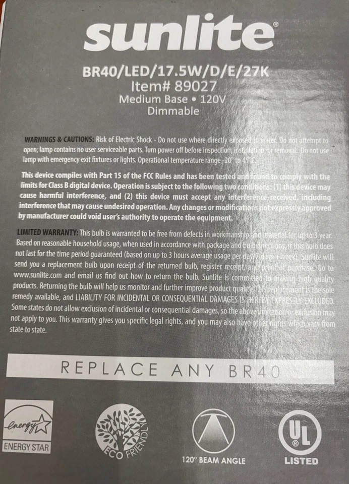 (3-Pk) Sunlite Dimmable LED Light Bulb Soft White BR40 2700K 75W BR40 17.5W - Image 4 of 4