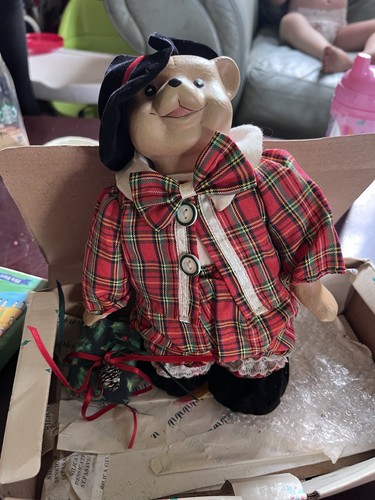 Beige Artist Bear in Plaid Outfit with Hat, Cloth and Wood Materials