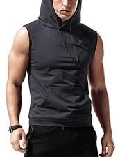Men's Workout Hooded Tank Tops Sleeveless Gym Hoodies Large Deep Grey