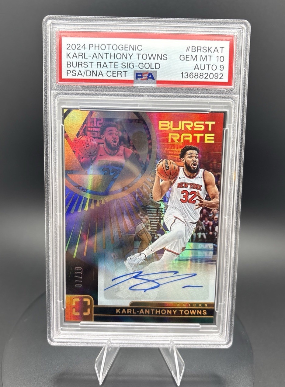 2024-25 Panini Photogenic Burst Rate Karl-Anthony Towns Gold /10 PSA 10 Auto 9 view 3