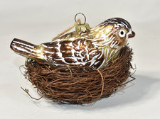 Pottery Barn 5" Blown Glass Bird in Nest Christmas Ornament Brown NWOT