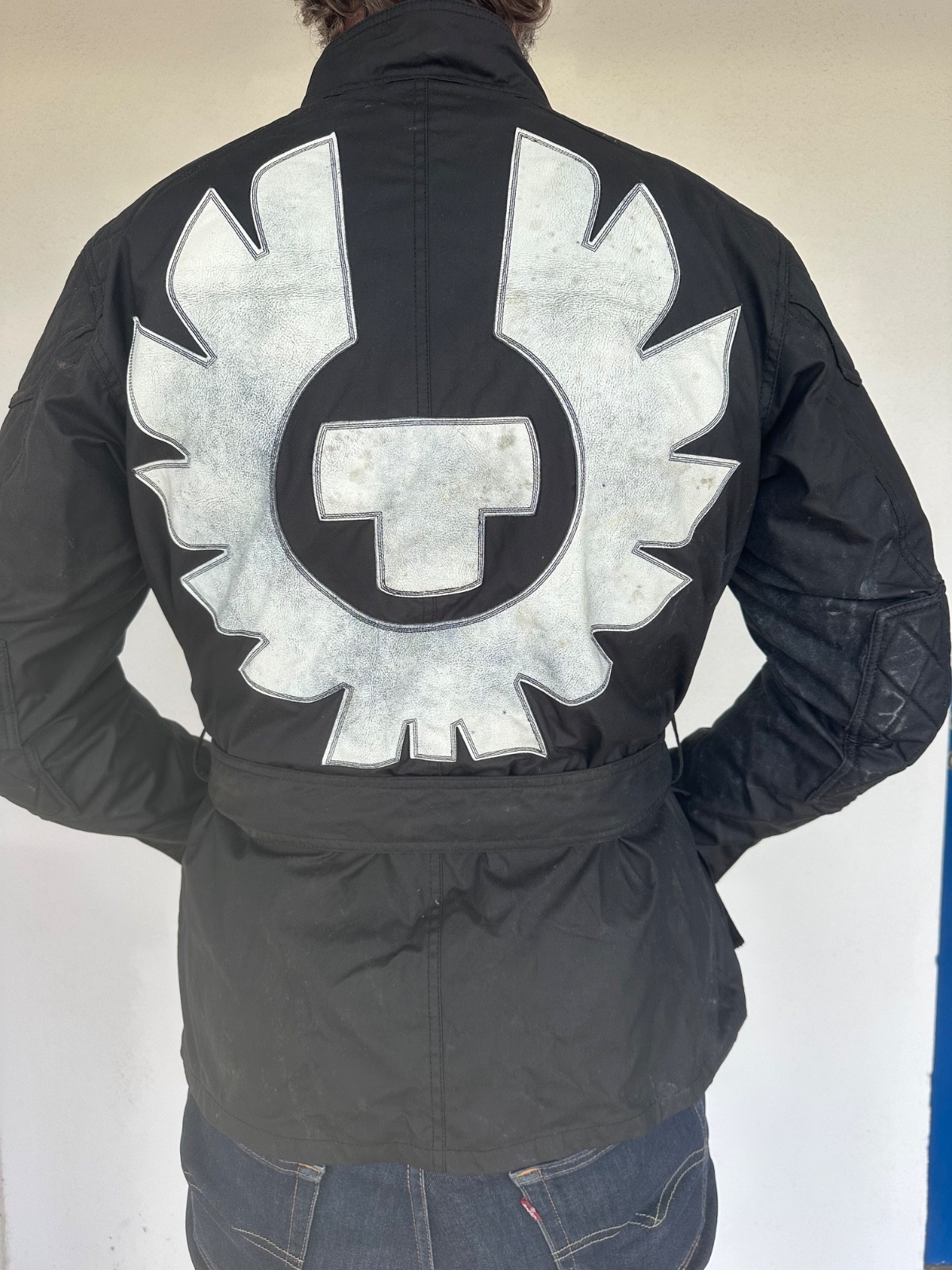 Belstaff Distressed Motorcycle Jacket  Sz 50 Winged Crest Back – Rare Graphic –