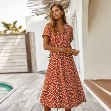 Female Dress Summer Patchwork Wave Dot Short Sleeve Shirt Collar Dress