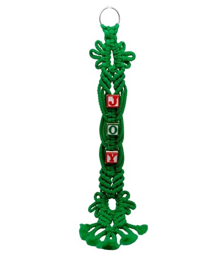 Vintage Handmade Green Macrame Christmas Decor JOY Door Hanger Blocks Beads 25"