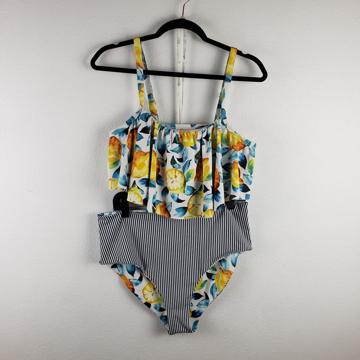 Shein Women's 16 Tankini Swimsuit Set Lemons And Stripes Tropical