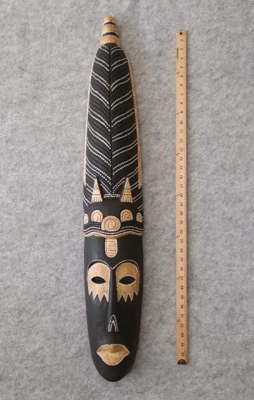 Vtg Pier 1 African Wooden Tribal Mask Wall Art Decor 39"x7" Ornate Hand Carved