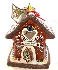 Candy Cane Bungalow Candle House Blue Sky ClayWorks Ceramic Tea light Christmas