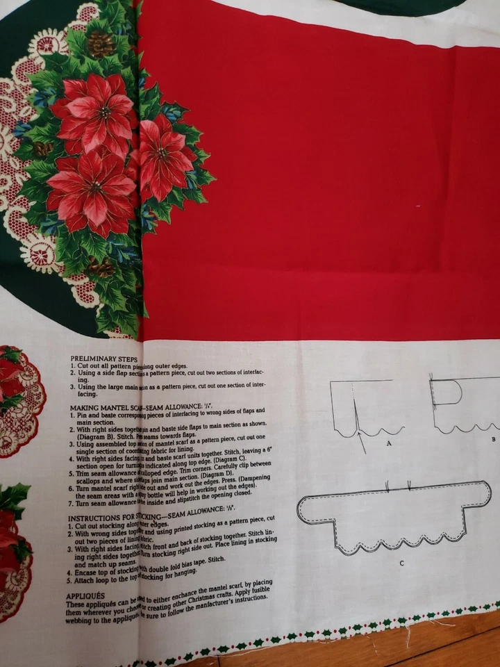 New Cotton Cut & Sew Fabric Christmas Holiday Mantel Scarf Red Green Scallop - Image 4 of 4