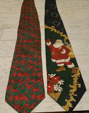 Lot Of 2: Vtg.Hallmark Christmas Santa Reindeer Holly Men’s Neckties Made in USA
