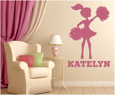 CHEERLEADER W/ NAME 22" TALL WALL VINYL DECAL YOUR CHOICE OF COLOR PERSONALIZED
