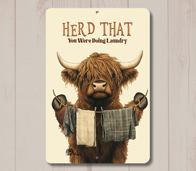 Highland Cow Laundry Sign Herd That wash day room metal wall art tin fluffy