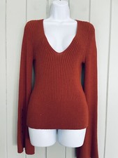 Free People Viola Rust Knit Sweater Top L Large Stud Snap Bell Sleeves Boho
