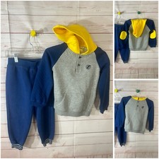 Kidgets Boy's 2-piece Set Size 4 Fleece Hoodie Pants Blue Gray Yellow Elbows