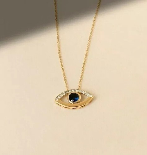 Colgante de mal de ojo zafiro diamante de corte redondo simulado de 1 quid enchapado en oro amarillo 14 K - Imagen 3 de 5
