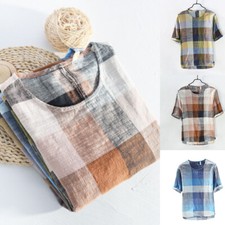 Hommes Carreaux T-Shirt Pente Couleur Ample Coton Lin Respirant Casual Rétro