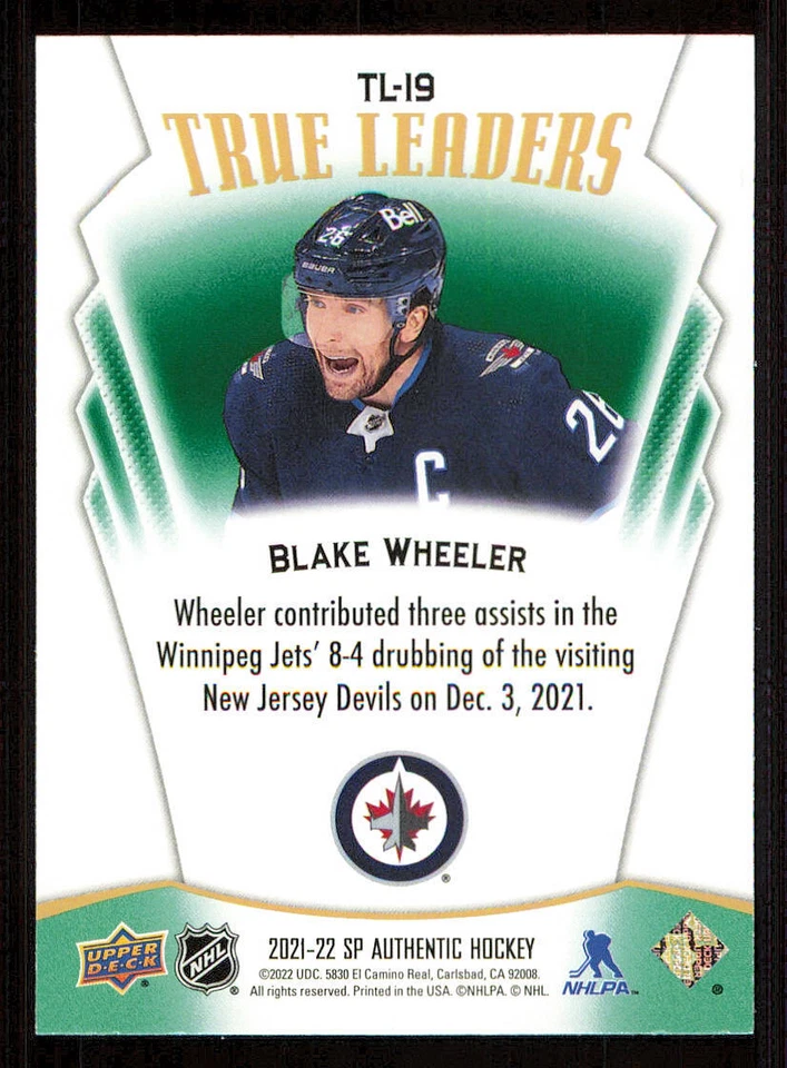 2021-22 SP Authentic True Leaders Green #TL19 Blake Wheeler - Image 2 of 2