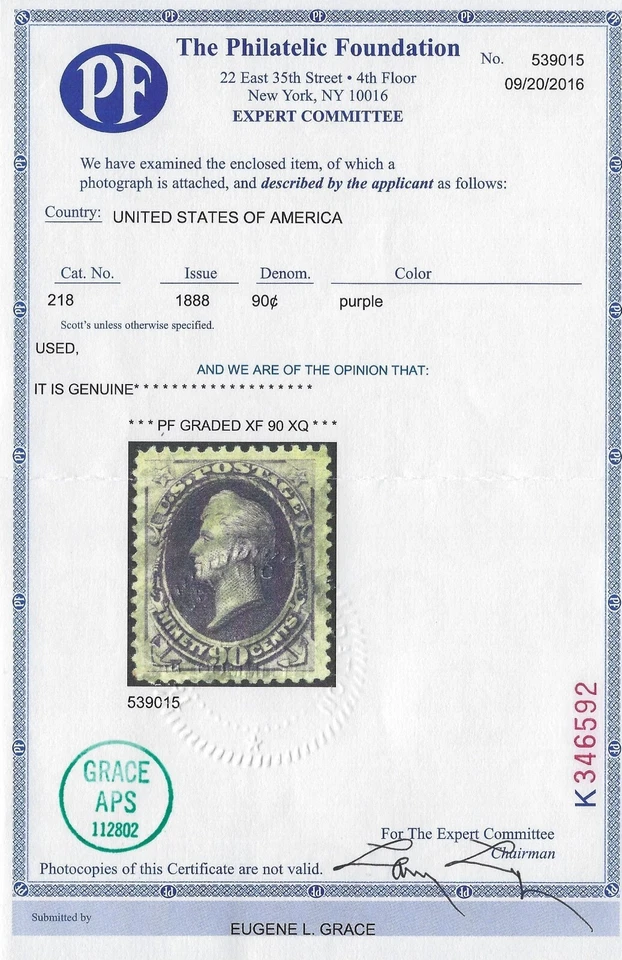 US Scott # 218 - PSE Graded 90J XF Jumbo & PF Graded 90 XQ - ex. Grace      (P8) - Image 4 of 4