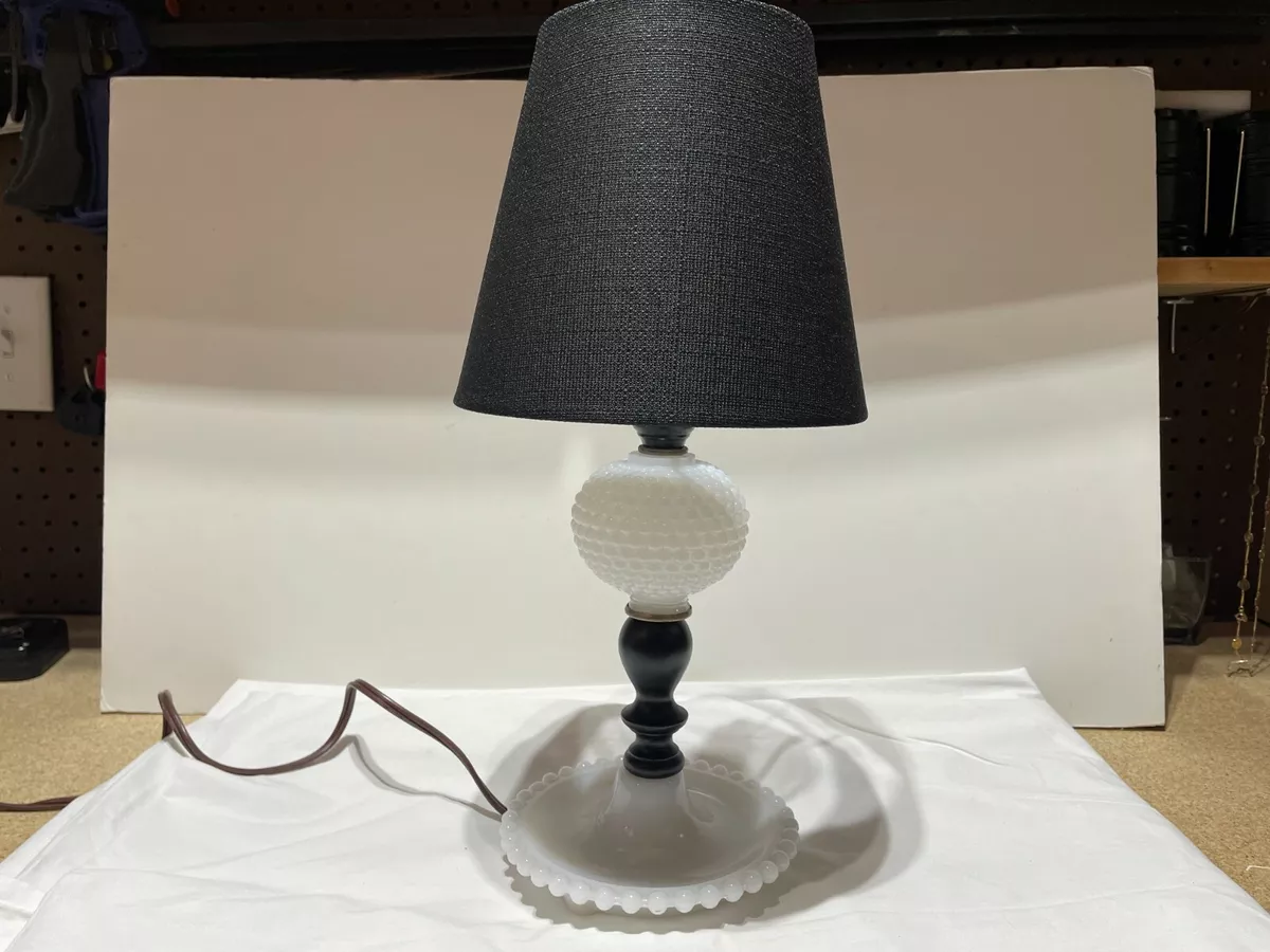 Restored Hobnail Milk Glass Table Lamp with Black Shade and