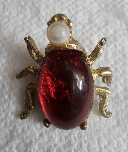 Signed Insect Bug Red Glass Jelly Belly Brooch Pin Goldtone