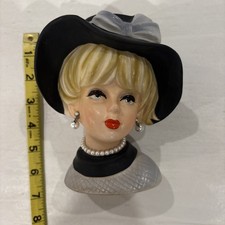 Vintage Napcoware Lady Head Planter C7494 6 ‘’ Blonde Black Hat bow  pearls  
