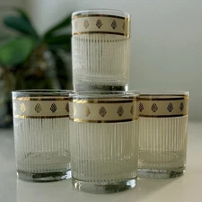 MCM Georges Briard Icicle Low Ball Cocktail Glass gold trim Signed Set Of 4