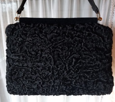 Muff echt Persianer schwarz Lammfell ca. 1950 Vintage als Tragetasche Topzustand