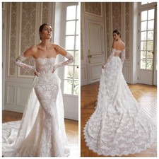 Vintage Lace Mermaid Evening Dress Off Shoulder Long Sleeves Party Sweep Train